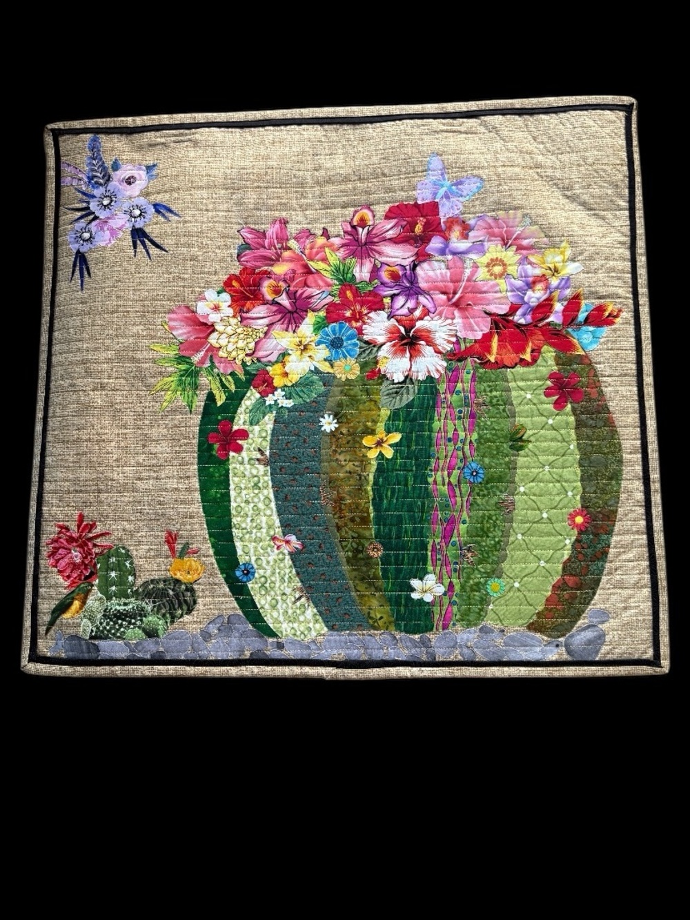 Floral Cactus Quilt Wall Hanging - Multicolor Green, yellow, and red - Picture 1 of 2